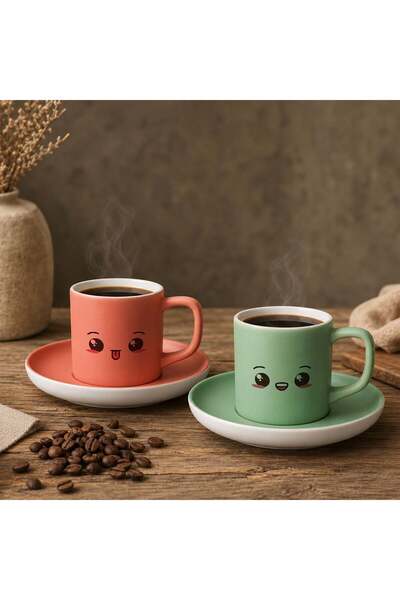 Bk Gift Set of 2 Ceramic Turkish Coffee Cups with Salmon and Green Colored Em...