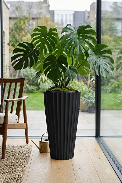 Alezy Lilyum Dekoratif Çizgili Saksı Vazo 70cm No:2 16Lt Siyah