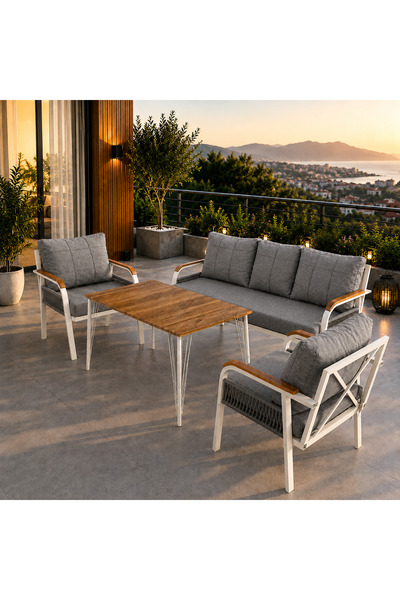 UFUK HOME Defne 311 Masalı Gri Örgülü Bahçe Oturma Grubu Metal İskelet Balkon...
