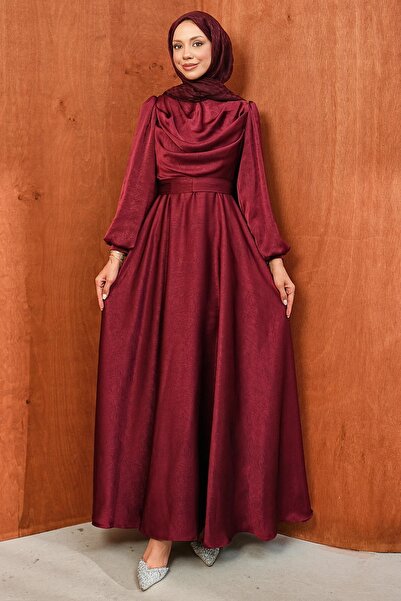 İmajButik Bordo Bel Kuşaklı Desenli Saten Abiye