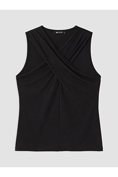 LC Waikiki Soulife black v-neck ruched blouse