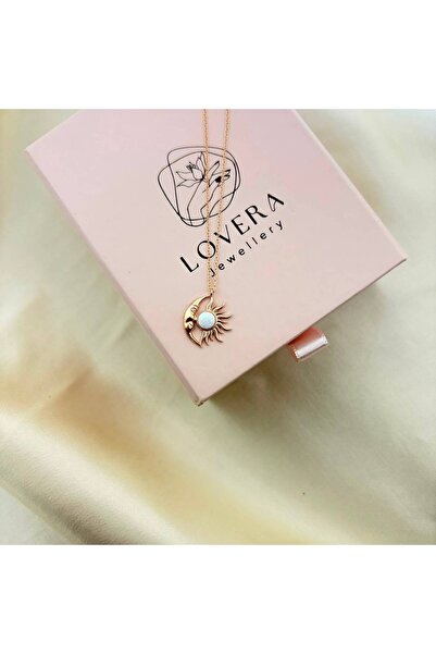 Lovera Jewellery 925 Ayar Gümüş Rose Renk Beyaz Taşlı Ay ve Güneş Kolye