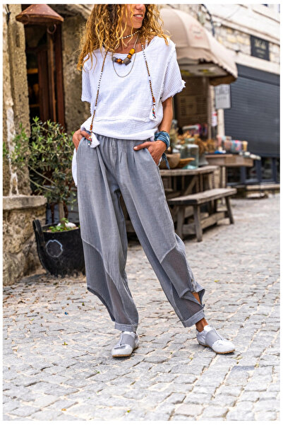 MetuCA Women's Gray Linen Mesh Detailed Bohemian Pinterest Style Shalwar Trou...