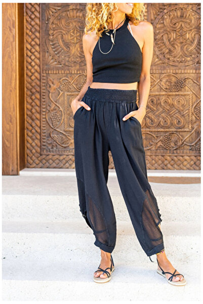 MetuCA Women's Black Linen Mesh Detailed Bohemian Pinterest Style Shalwar Tro...