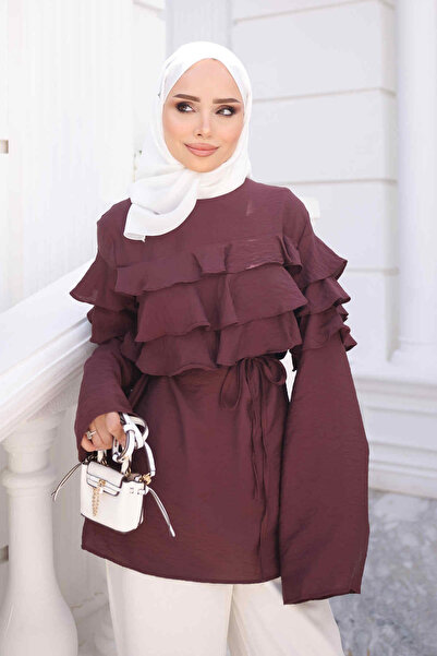İmajButik Bordo Bel Bağlamalı Katlı Gömlek