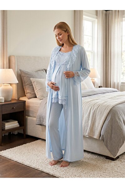 Lohussa New Season Blue Long Dressing Gown with Lace Detail Special Design Sh...