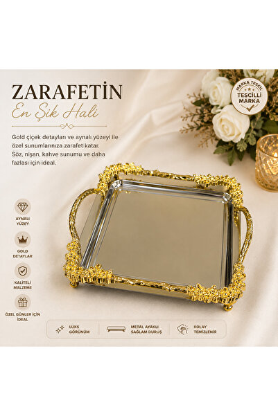 Mihremir Gold Çiçek Desenli Aynalı Sunum Tepsisi - Söz tepsisi - Kahve sunum ...