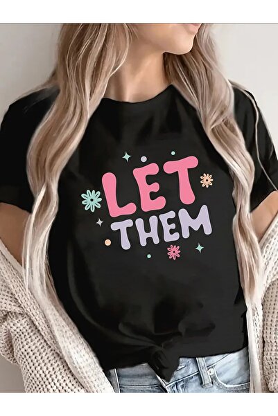 LİNA06 تي شيرت نسائي كاجوال أسود بأكمام قصيرة، مزين بطباعة 'Let Them'. مثالي ...
