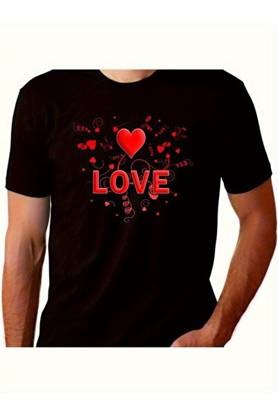 1001 Line تي شيرت رجالي بتصميم عيد الحب، أسود برقبة دائرية مع نمط قلب أحمر، ع...