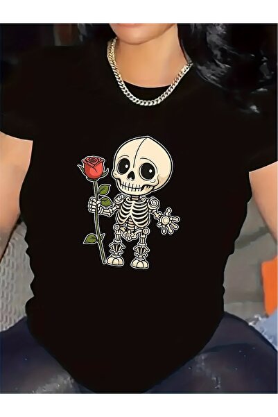 12 Teknoloji Women T-shirt Title A Cute Skeleton Holding a Red Rose with Gree...