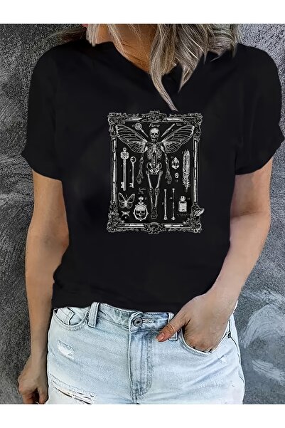 STITCHLY تي شيرت بأكمام قصيرة بتصميم نسائي، قميص أسود برقبة دائرية أنيق، مصنو...