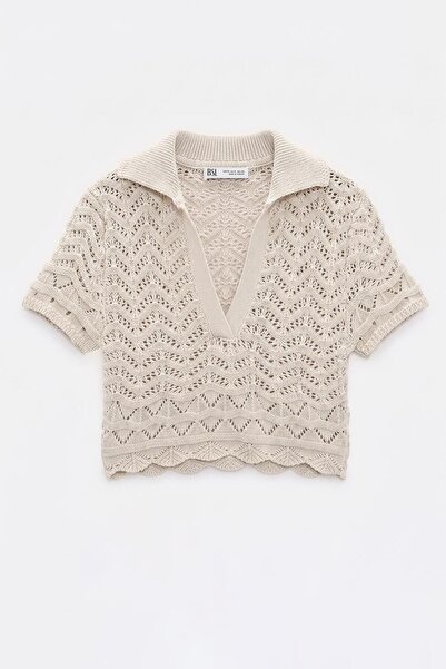 BSL Ajur Örgü Polo Yakalı Crop Bluz