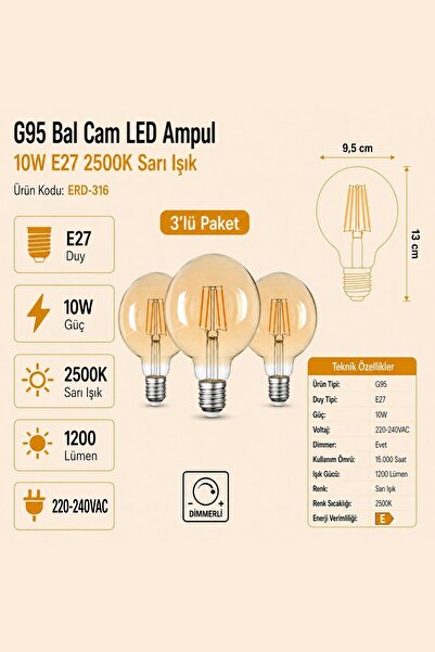 Heka G95 Bal Cam LED Ampul 10W E27 2500K Sarı Işık ERD-316 3'lü