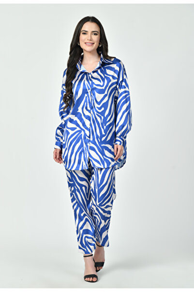 RIZQE Modest Co-Ord Set Japanese Satin Blue Zebra Print Stylish Modest Wester...