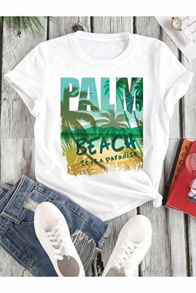 23 nisan تي شيرت نسائي من Palm Beach Paradise، تي شيرت أبيض برسومات مضحكة، من...