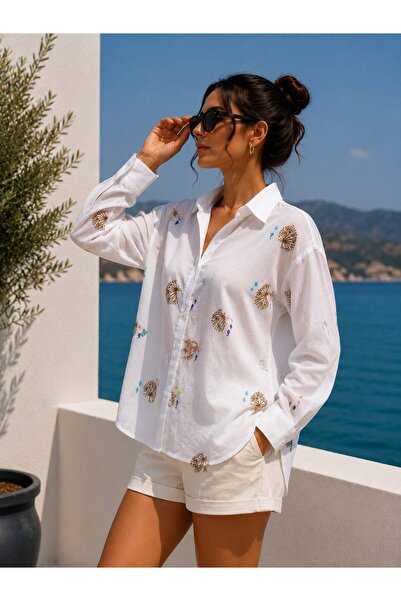THB.Edition Women's Embroidered Thin Linen Summer Shirt