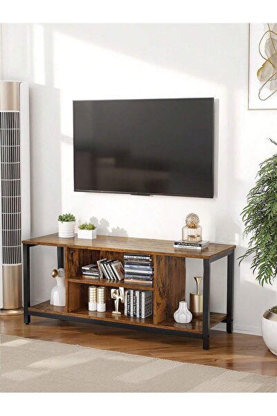 Sinyin Rustic Wood TV Cabinet with Open Compartments, Sturdy Metal Frame Medi...