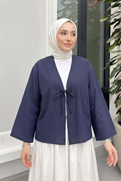 zenne كيمونو مخطط بأربطة 2350 - أزرق داكن