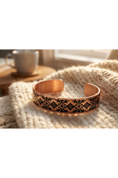 Erol Bakır Copper Ottoman Floral Motif Adjustable Clamp Bracelet