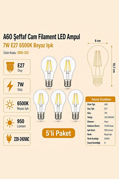 Heka A60 Şeffaf Cam Filament LED Ampul 7W E27 6500K Beyaz Işık ERD-312 5'li