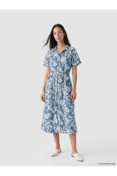 LC Waikiki Blue Shirt Collar Floral Belted Jean Dress