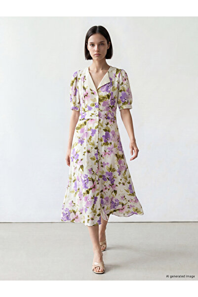 LC Waikiki Lcw Comfort Purple V-Neck Floral Dress