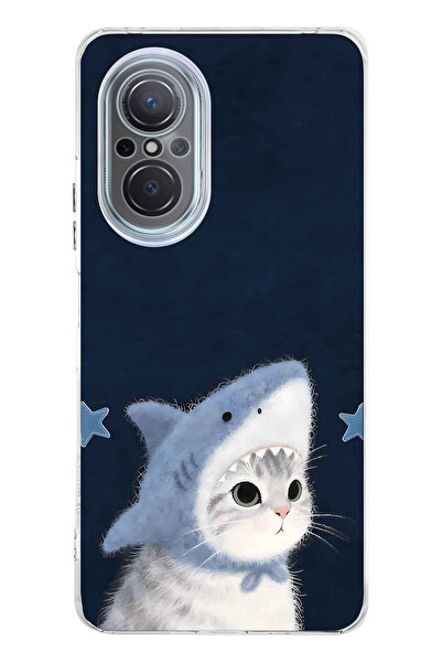 FLAMENKO Huawei Nova 9 SE Uyumlu Köpekbalığı Köstümlü Kedi Desenli Şeffaf Tel...