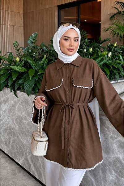 onlymoon Dantel Detaylı Belden Bağlamalı Gömlek Tunik Kadın Oversize Uzun Kol...