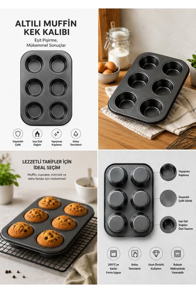 Evsun Home Collection 6 Bölme Metal Muffin Kek Kalıbı