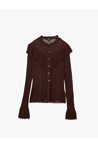 Koton Long Spanish Sleeves Buttoned Ruffled Round Neck Motif Knitwear Openwor...