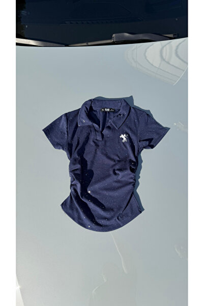 Violon Navy Blue Glittery Polo Collar Gathered Blouse
