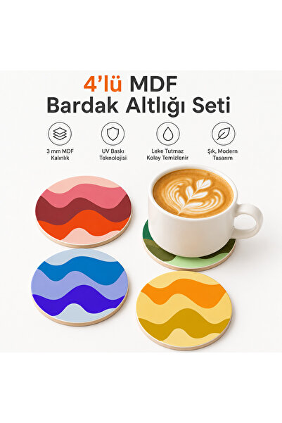kids town 4'lü Renkli Dalga Desenli MDF Bardak Altlığı Seti – 3 mm UV Baskılı...