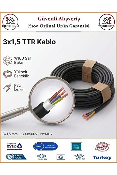 ÖZNUR 3x1,5 TTR Elektrik Kablosu - El Aletleri Uzatma Kablosu - Siyah - %100 ...