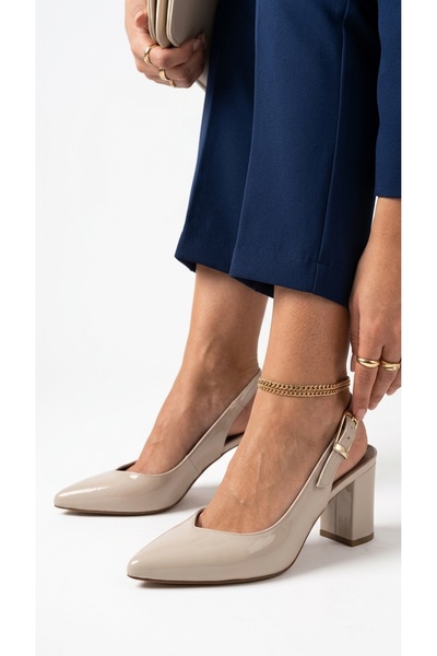Eysha Navıen Women's Thick Heeled Shoes Patent Leather Pointed Toe Slingback ...