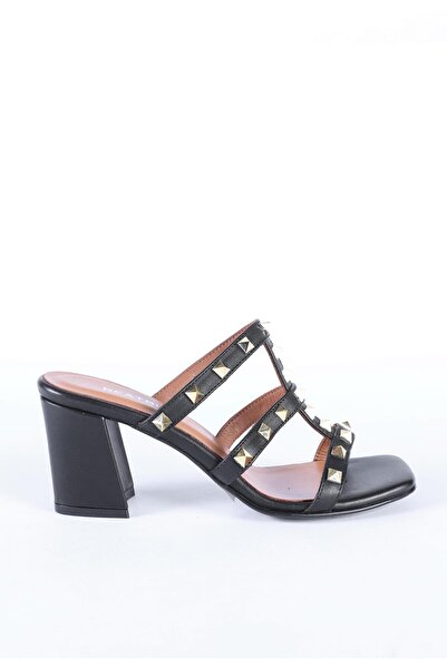 Hayati Arman Women's Genuine Leather Blunt Toe Stone Detailed Thick Heeled Sl...