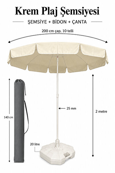 Rosie Şemsiye + Bidon + Çanta, Yaz Paketi - 2 Metre Çap ve 10 Telli Krem Renk...
