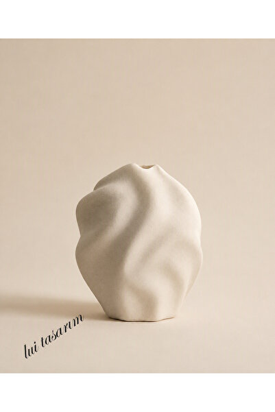 Lui Tasarım Bej Rengi Dalga Desenli Seramik Stoneware Bohem 18 Cm Vazo