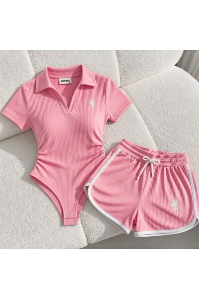 Gofeel Pembe Fit Polo Yaka Bodysuit Şort Takım