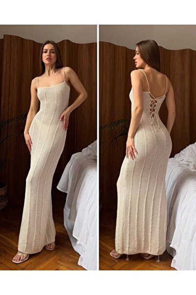 HerTon Rochie maxi tricotată pentru femei, cu șliț, cu bretele și șireturi, r...