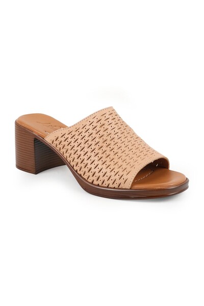 Libero Women's Heeled Slippers Laser Cut Wide Band Thick Medium Heel Antique ...