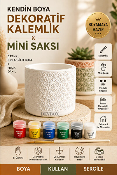 devhome Kendin Boya Dekoratif Kalemlik & Mini Saksı Seti | Geometrik Desenli ...