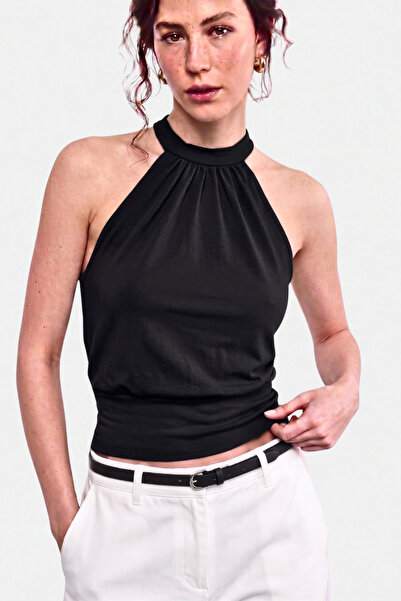 VODENS Black Waist-Fitted 97% Cotton Lace-Up Blouse