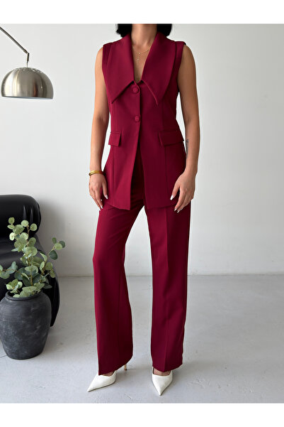 Bukamiss Set de pantaloni și vestă premium cu guler larg pentru femei - Roșu ...