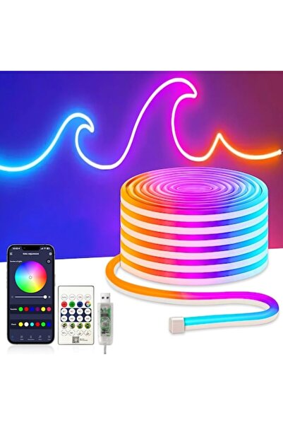 RGBIC Bandă LED neon, 5 m, alimentare USB 5V, control prin aplicație și telec...