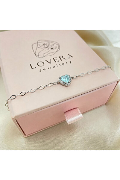Lovera Jewellery 925 Ayar Gümüş Sertifikalı Mavi Taşlı Pırlanta Montür Kalp B...