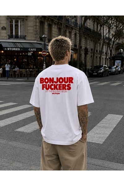 Vordevia Μπλουζάκι Bonjour με στάμπα, λευκό, oversized, unisex, βασικό, άνετη...