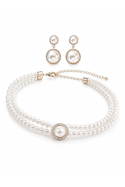 Nevara Double Pearl Necklace Set with Dangle Earrings in Classic Elegant Desi...