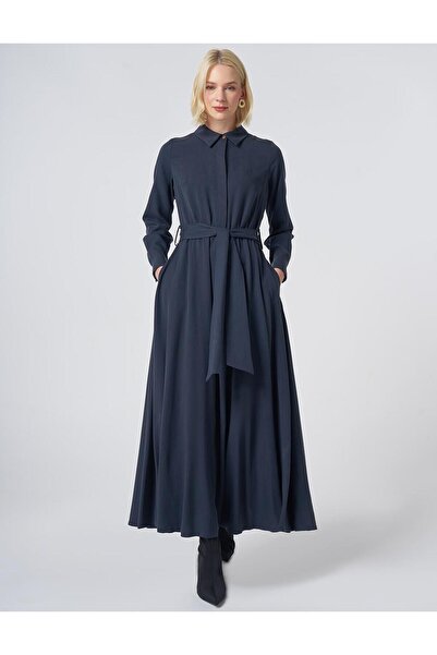 Kayra 100% Lyocell Shirt Collar Dress Dark Navy Blue