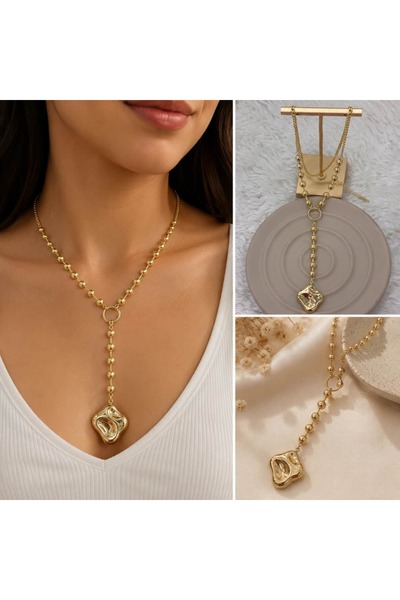 BY YASİN TOPÇU Gold Renk Geometrik Sallantılı Top Detaylı Uzun Kadın Kolye
