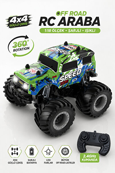 YILDIRIM OYUNCAK Uzaktan Kumandalı 4X4 Off Road RC Araba – 1:18 Ölçek Şarjlı, Işıklı, 360° Rotation Akrobatik Monster Truck